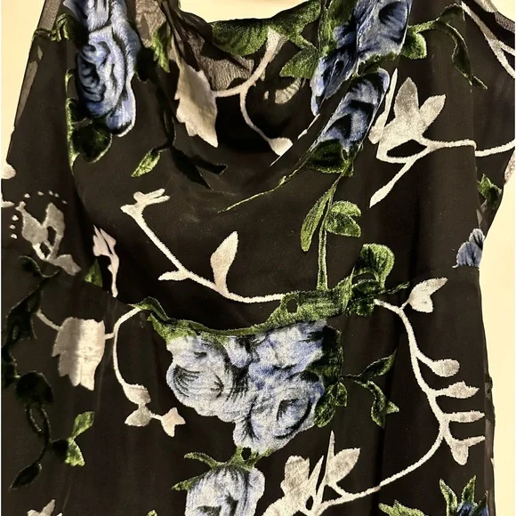 Lulu’s black chiffon dress w/green, silver & ashy blue velvet details, size XL. - Picture 4 of 5